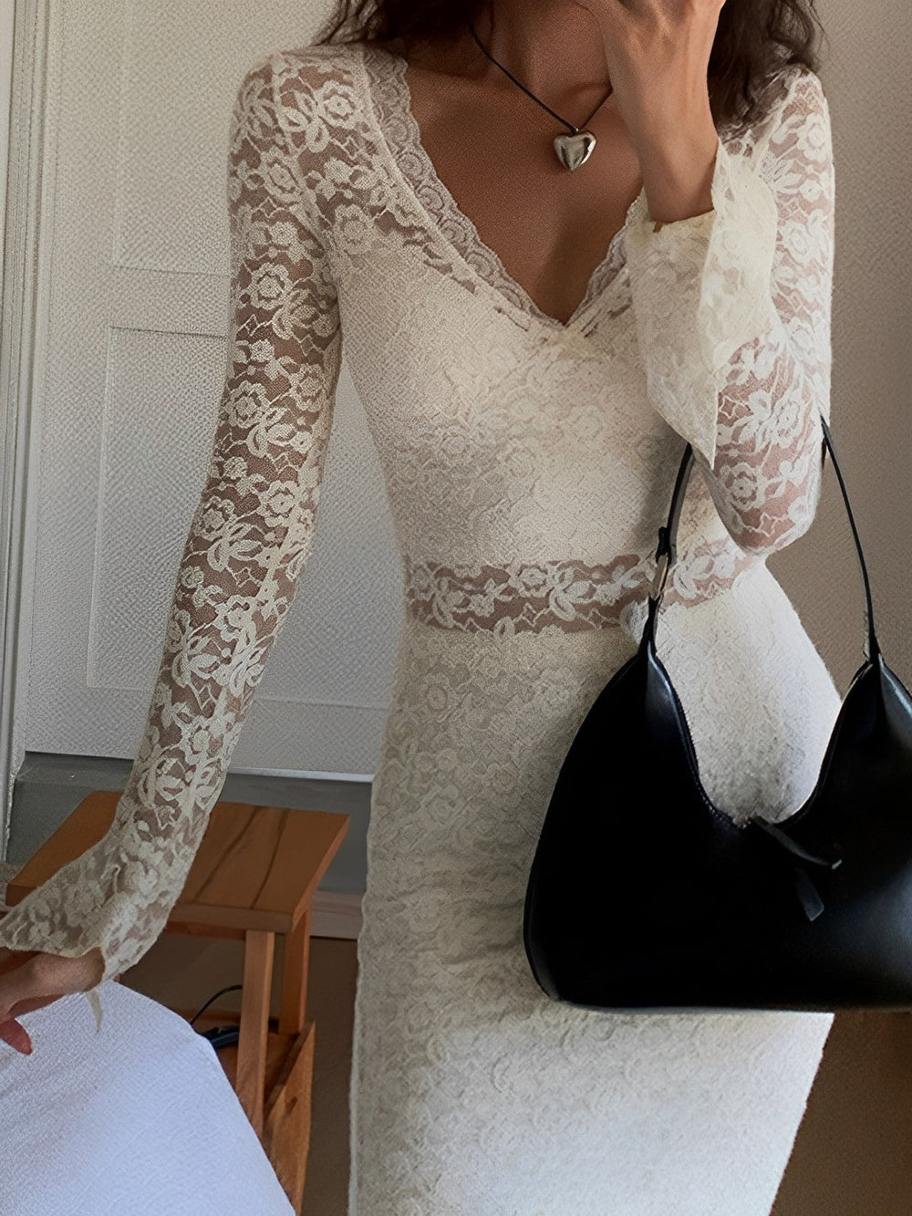 Floral Lace Long Trendy Sleeve Plunge Midi Dress Dresses