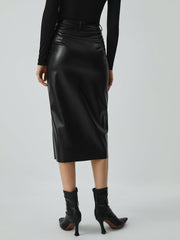 Faux Leather Graceful Pockets Midi Skirt Skirts