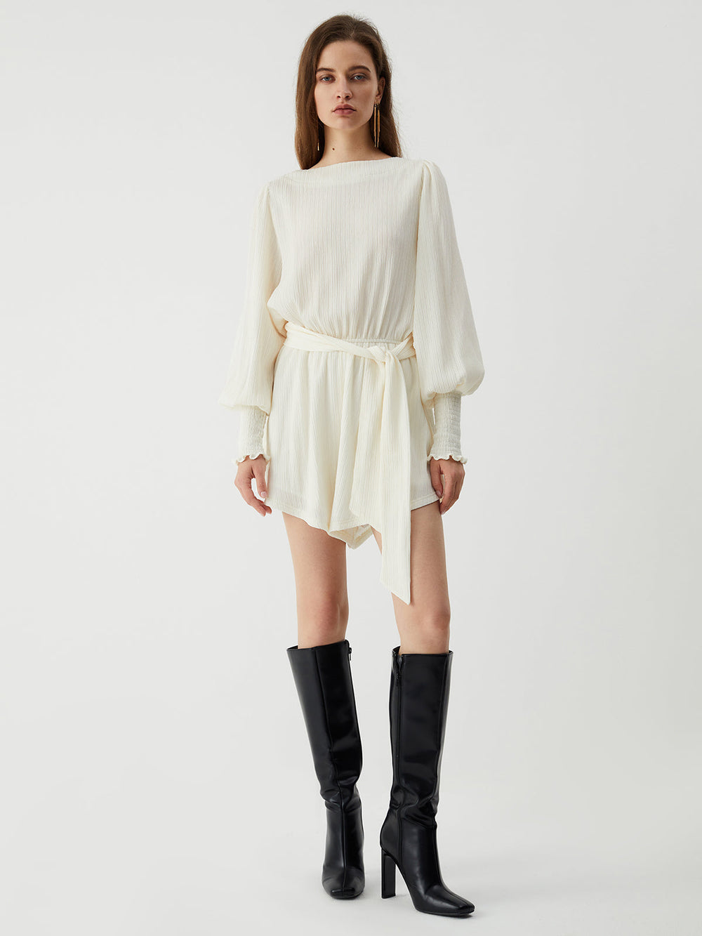 Tie Front Cowl Back Modern Long Sleeve Short Dress Jumpsuits