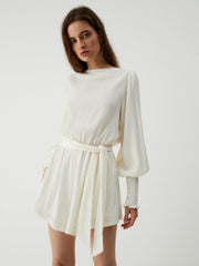 Tie Front Cowl Back Modern Long Sleeve Short Dress Off White / XS Jumpsuits