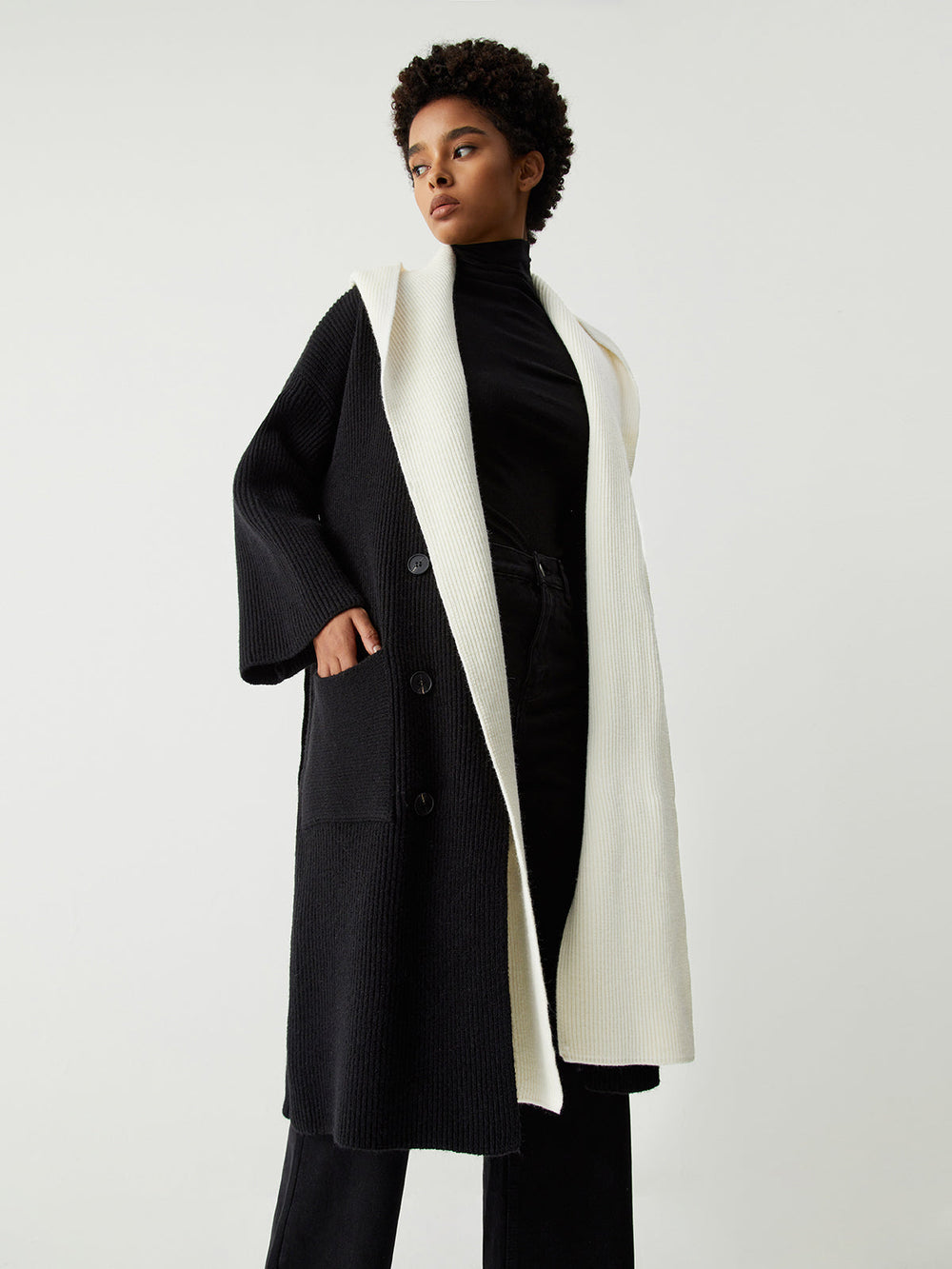 Two Tone Hooded Trendy Belted Longline Cardigan Sweaters L