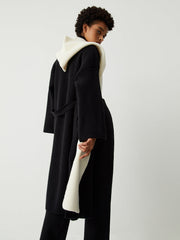 Two Tone Hooded Trendy Belted Longline Cardigan Sweaters L