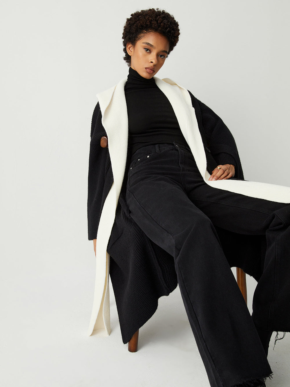 Two Tone Hooded Trendy Belted Longline Cardigan Black / S Sweaters L