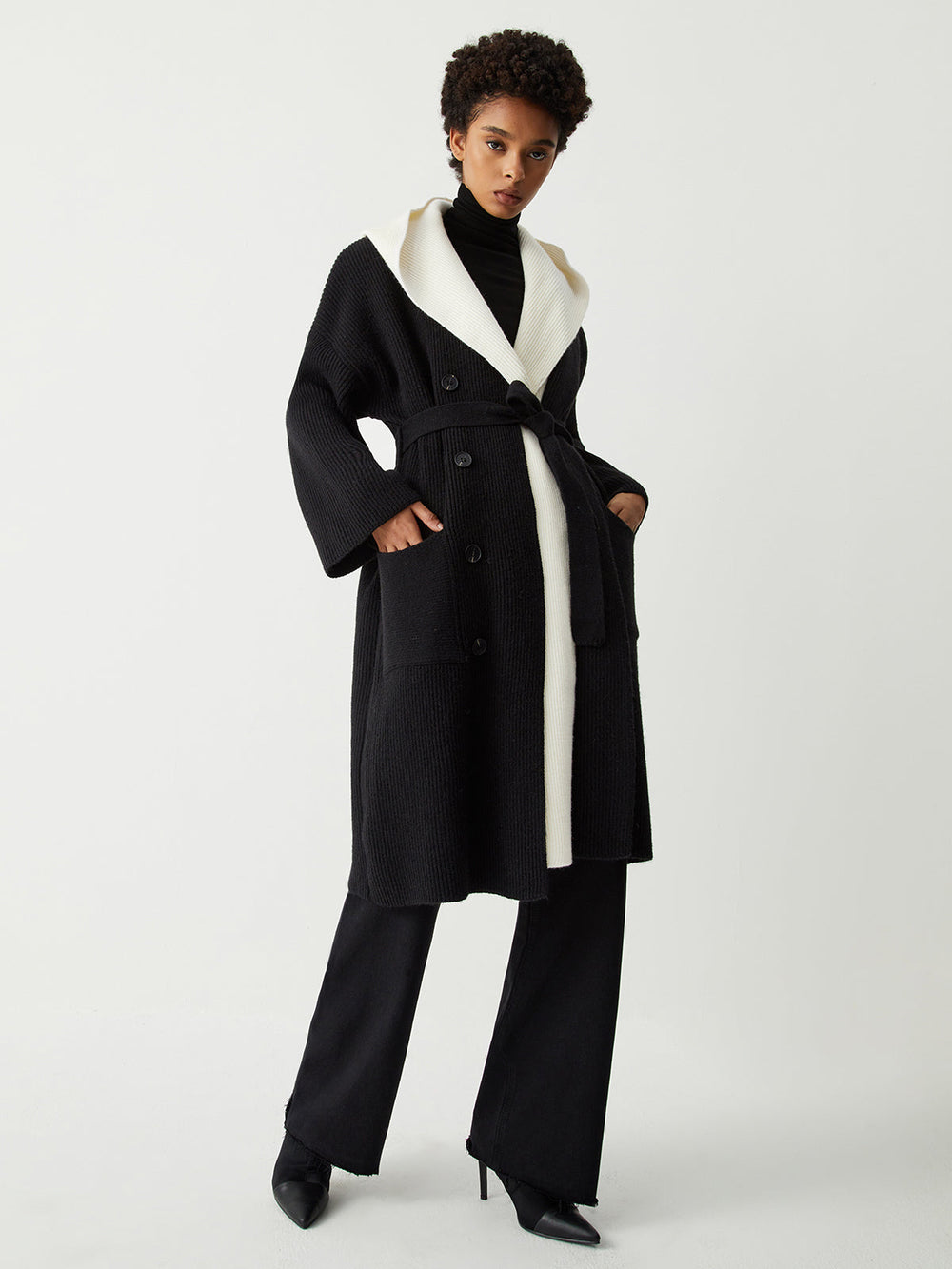 Two Tone Hooded Trendy Belted Longline Cardigan Sweaters L