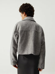 Tweed Open Collar Trendy Zip Up Crop Jacket Jackets