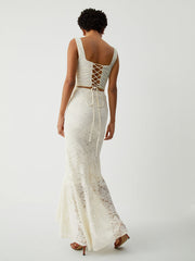 Cream Floral Lace Tie Modern Back Crop Corset Top Tank Tops & Camis