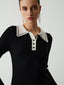 Contrast Collar Quarter Button Modern Long Sleeve Knit Top Black / S Sweaters L