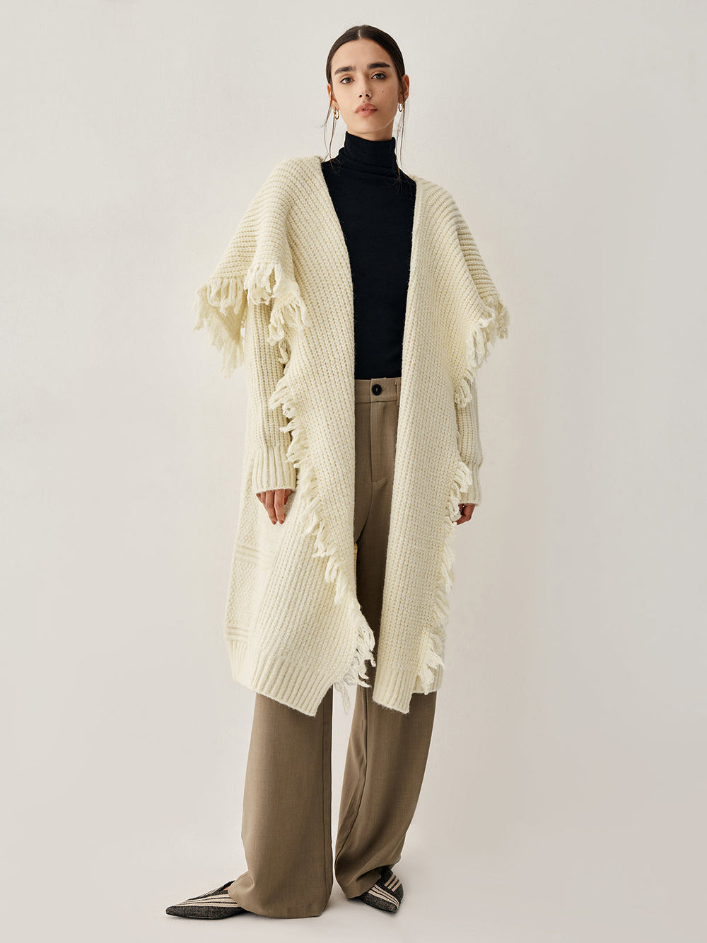 Chunky Knit Tassel Trendy Hem Poncho Cardigan Sweaters L