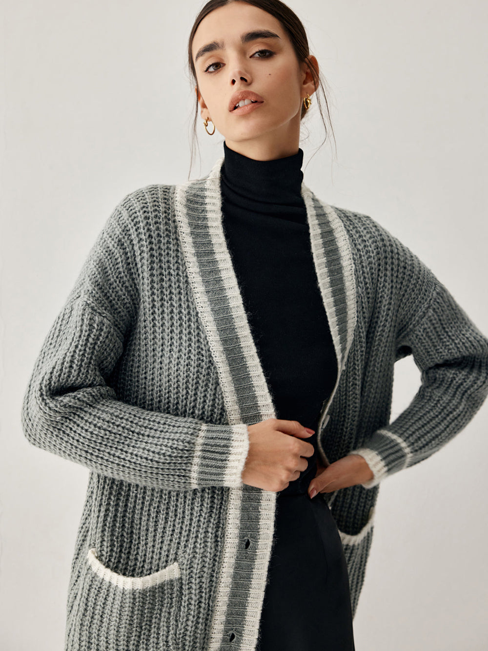 Chunky Knit Double Trendy Pockets Slouchy Cardigan Sweaters L