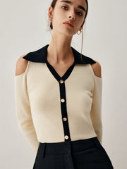 Colorblock Open Collar Cutout Modern Crop Long Sleeve Top Sweaters L
