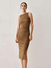 Diamante Ruched Mesh Trendy Slit Midi Dress Brown / S Dresses