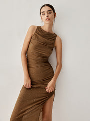 Diamante Ruched Mesh Trendy Slit Midi Dress Dresses