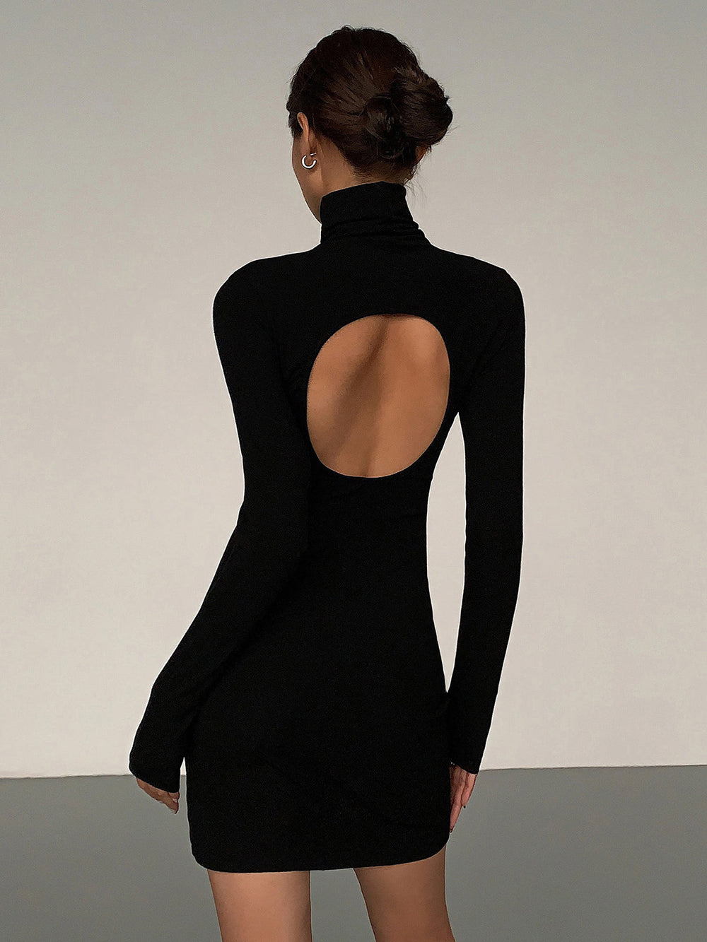 Turtleneck Open Back Trendy Long Sleeve Short Dress Black / XS Dresses