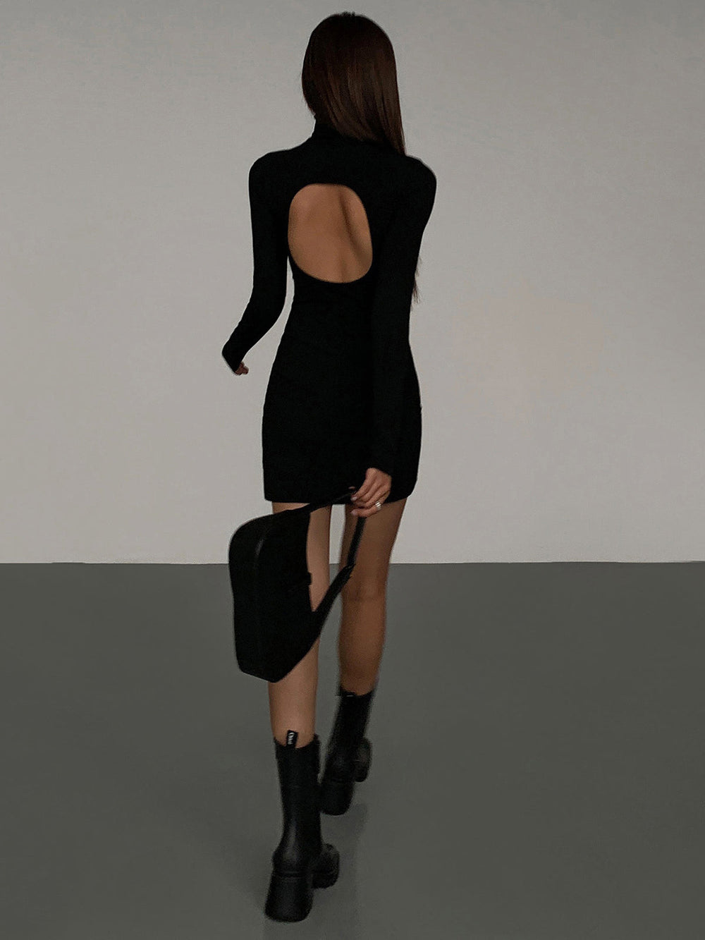 Turtleneck Open Back Trendy Long Sleeve Short Dress Dresses