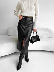 Faux Leeather Graceful Slit Midi Skirt Skirts