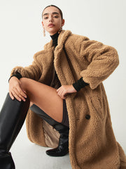 Terracotta Double Pockets Trendy Flurry Longline Fleece Jacket Camel / XS Fleece Jackets