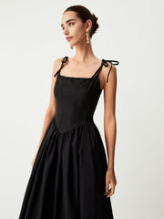 Tie Shoulder Graceful Pleated Midi Dress Dresses