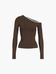 Contrast Trim Off Trendy Shoulder Long Sleeve Shirt Brown / XS T Shirts