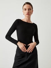 Slinky Ribbed Open Back Modern Crew Neck Long Sleeve Shirt T Shirts