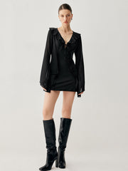 Ruffled Long Sleeve Trendy Tie Patchwork Short Dress Dresses