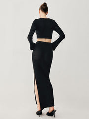 Slinky Long Sleeve Knit Modern Two Piece Slit Skirt Set Sweaters L