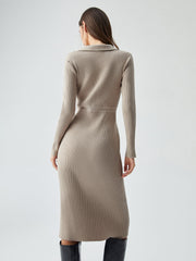 Ribbed Knit Contrast Trim Modern Collared Sweater Midi Dress Sweaters L
