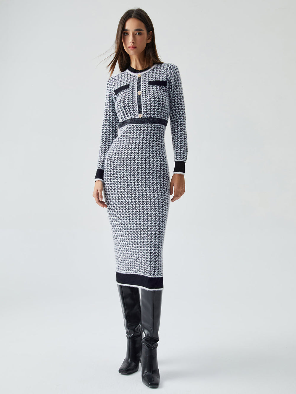 Contrast Trim Herringbone Trendy Bodycon Sweater Midi Dress Sweaters L