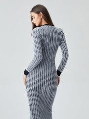 Contrast Trim Herringbone Trendy Bodycon Sweater Midi Dress Sweaters L