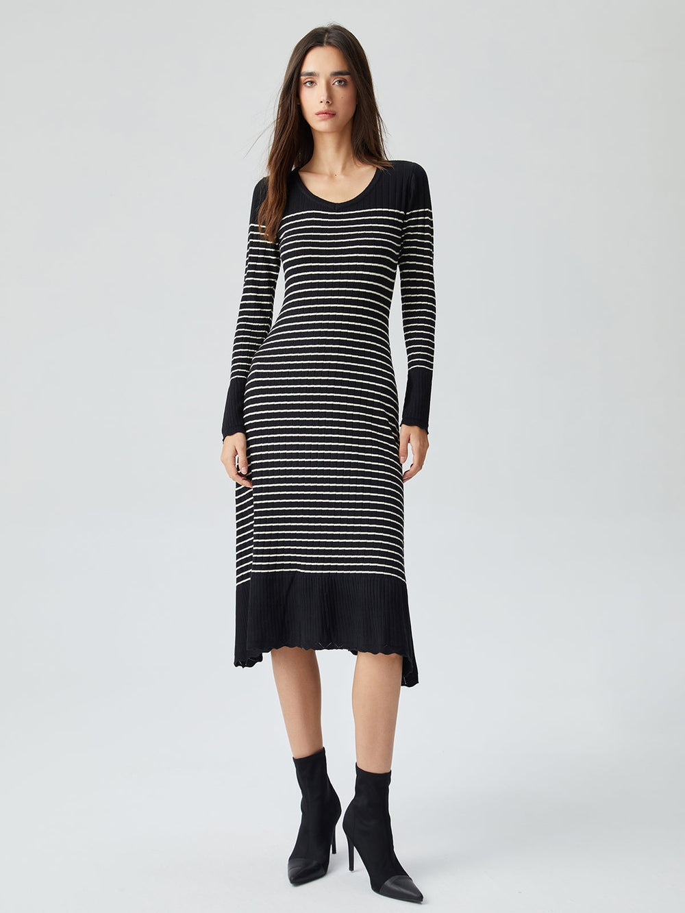 Contrast Trim Striped Crew Modern Neck Knit Sweater Dress Sweaters L