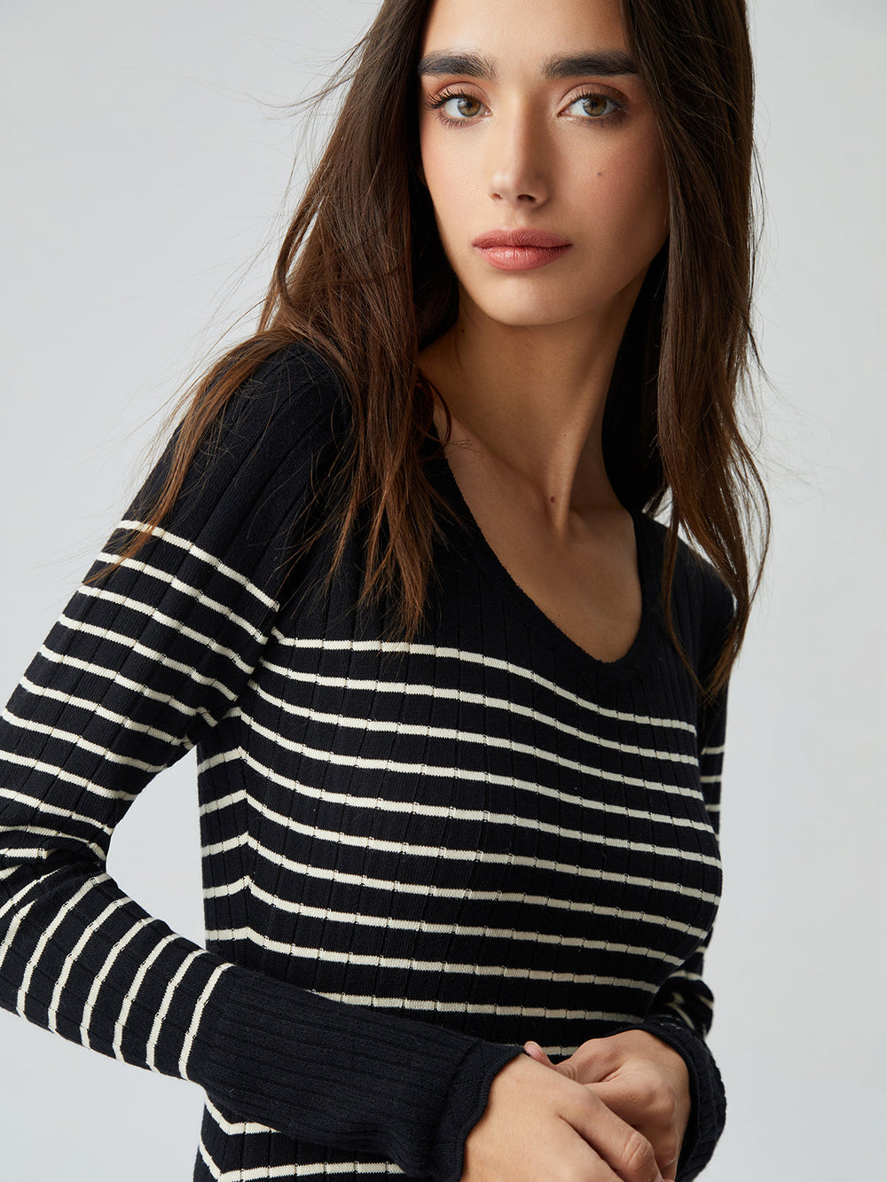 Contrast Trim Striped Crew Modern Neck Knit Sweater Dress Sweaters L