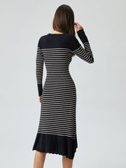 Contrast Trim Striped Crew Modern Neck Knit Sweater Dress Sweaters L