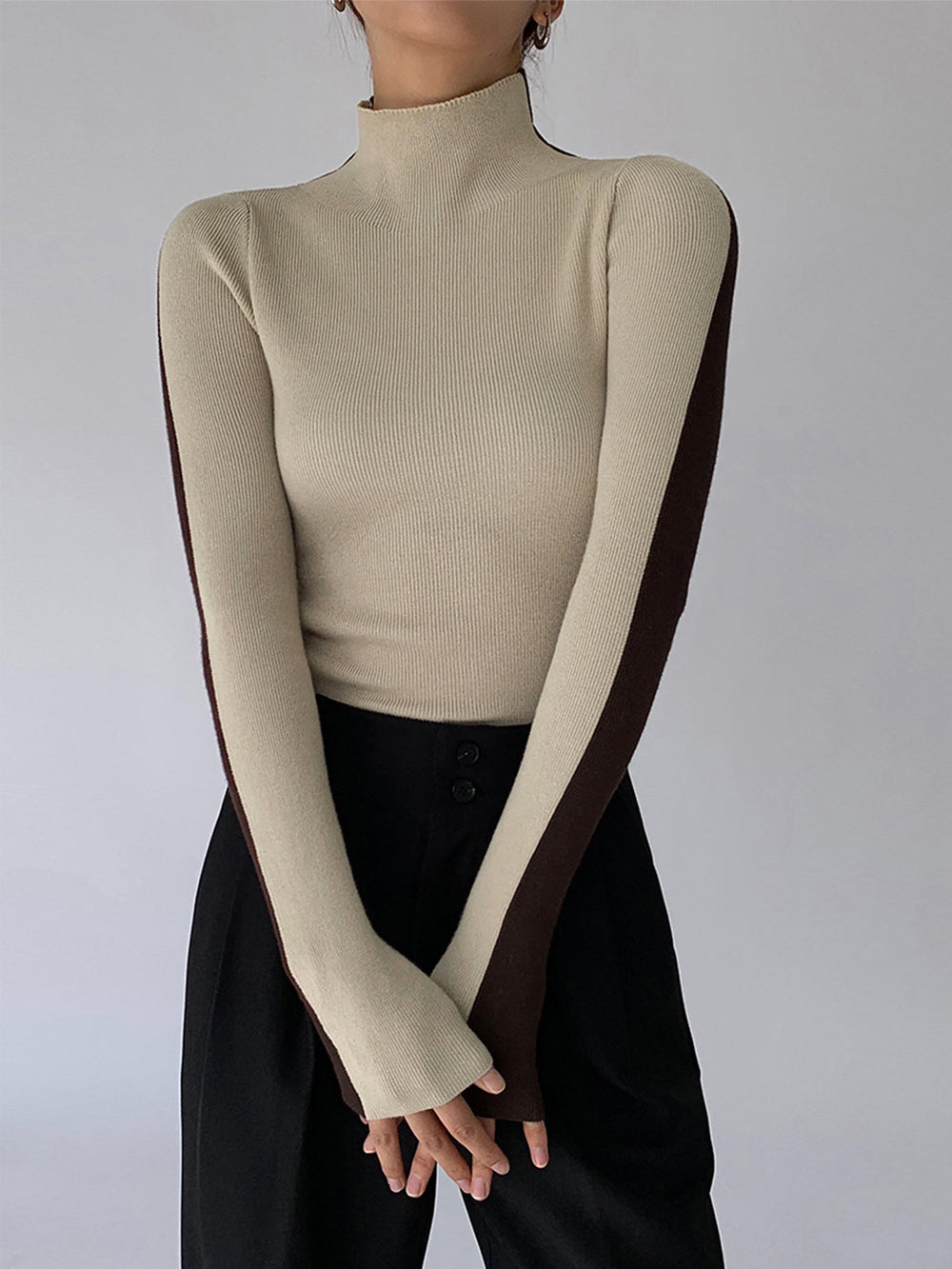 Two Tone Double Sided Modern Long Sleeve Knit Top Sweaters L