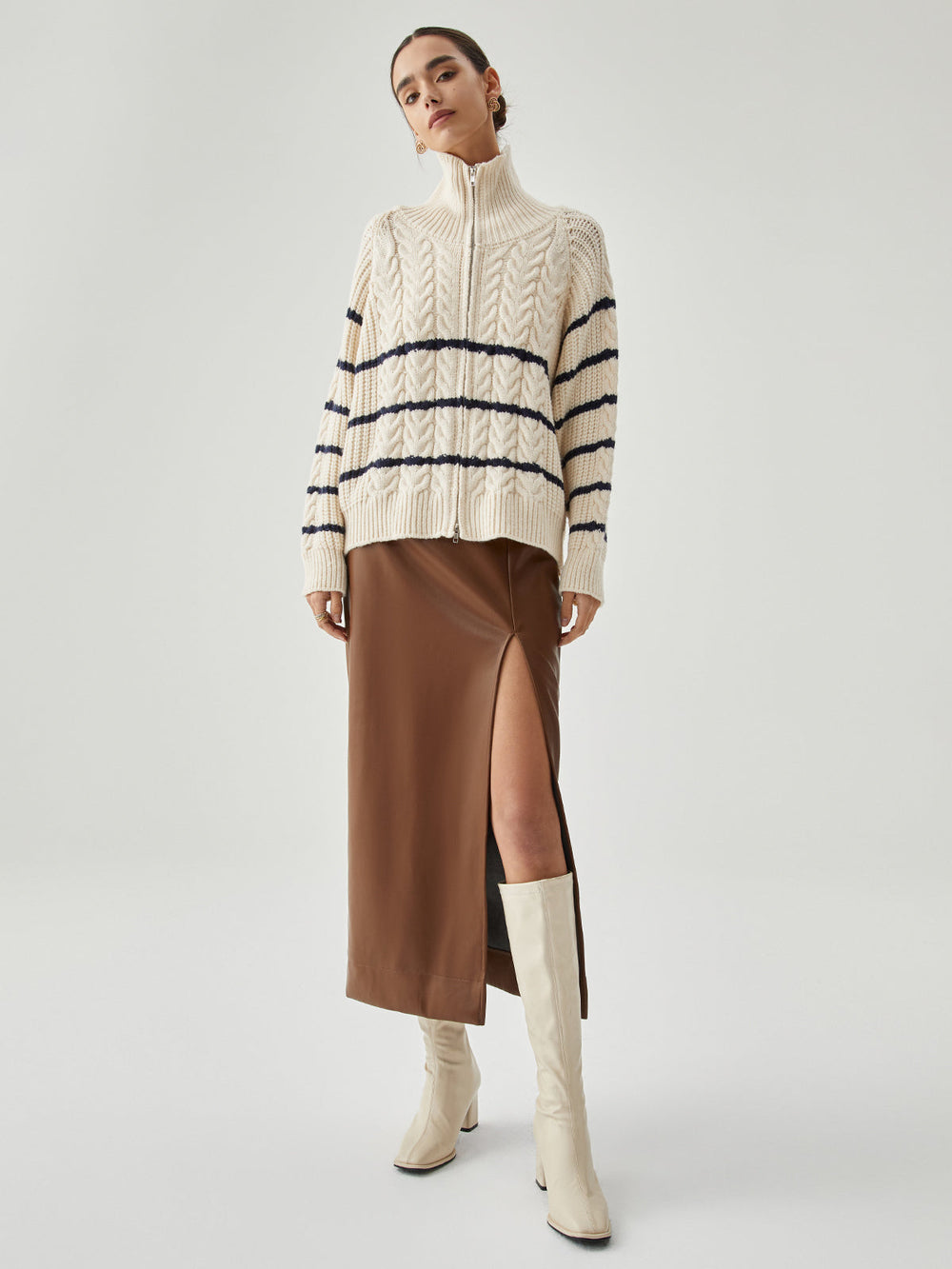 Stand Collar Cable Trendy Knit Stripe Cardigan Sweaters L