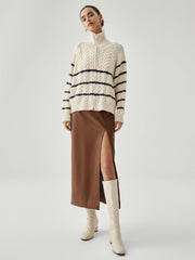 Stand Collar Cable Trendy Knit Stripe Cardigan Sweaters L