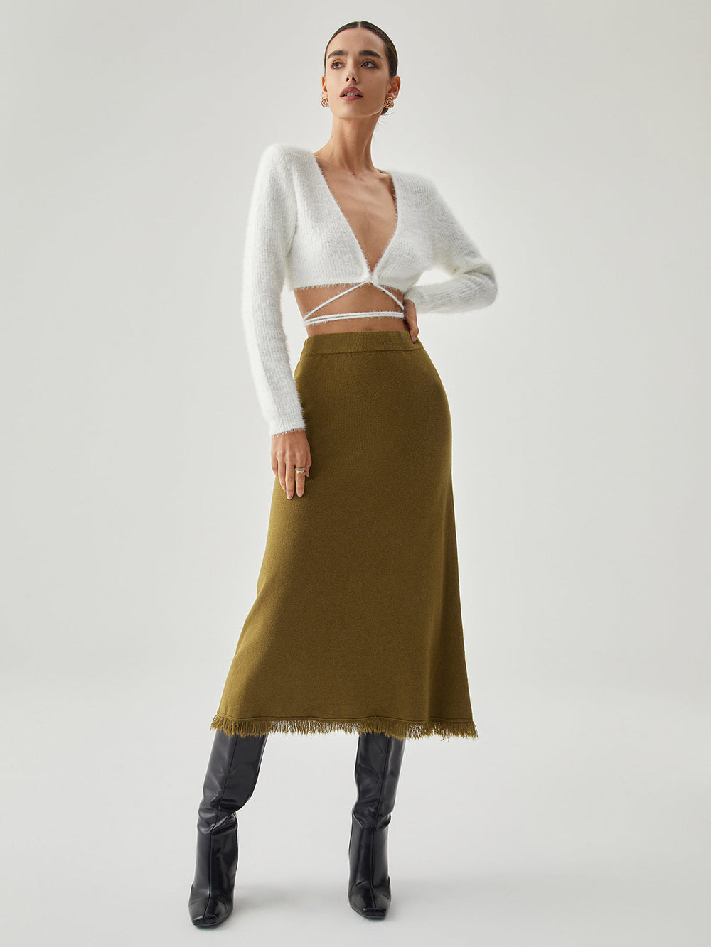 Raw Hem High Trendy Waist Midi Knit Skirt Sweaters L