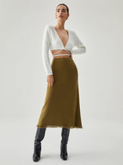 Raw Hem High Trendy Waist Midi Knit Skirt Sweaters L