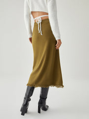 Raw Hem High Trendy Waist Midi Knit Skirt Sweaters L