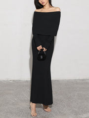 Charcoal Off Shoulder Overfold Modern Long Sleeve Long Dress Knit Dresses