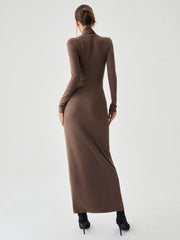 Bodycon High Neck Ribbed Knit Classic Long Dress with Matching Scarf Knit Dresses