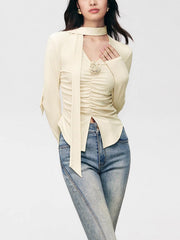 V neck Draped Floral Detail Modern Blouse with Matching Scarf Blouses