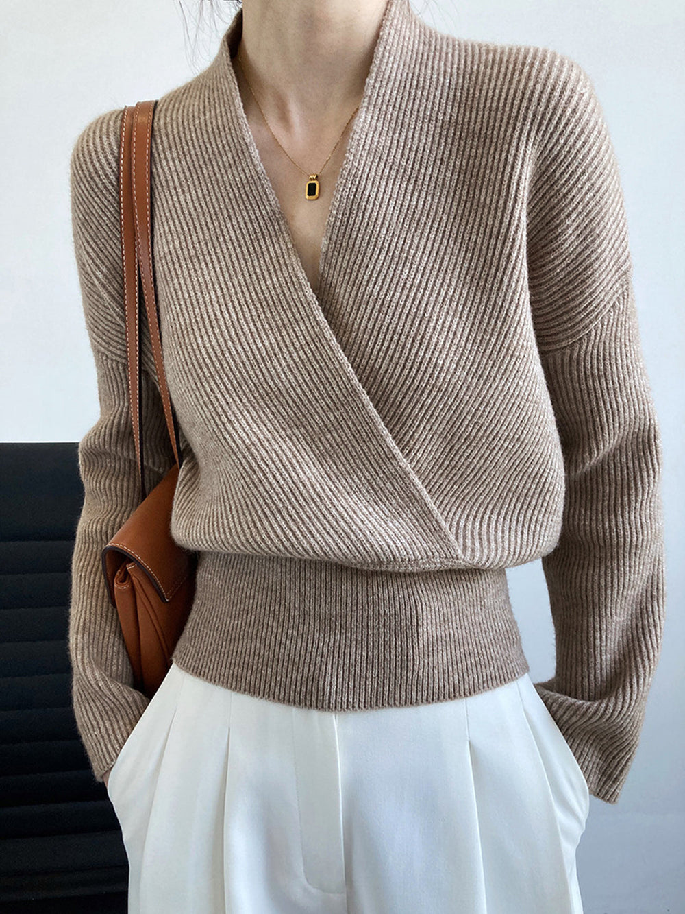 She’s Effortless Graceful Wrap Sweater Khaki / XS Sweaters L