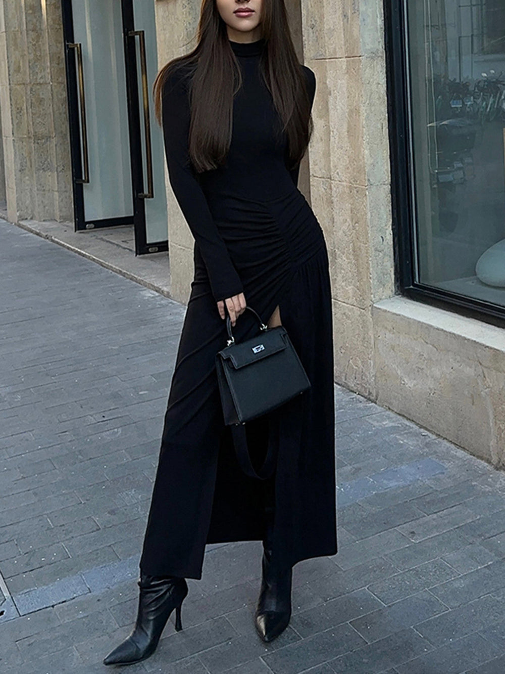 Slit Pleated Long Sleeve Modern Bodycon Mock Neck Long Dress Dresses