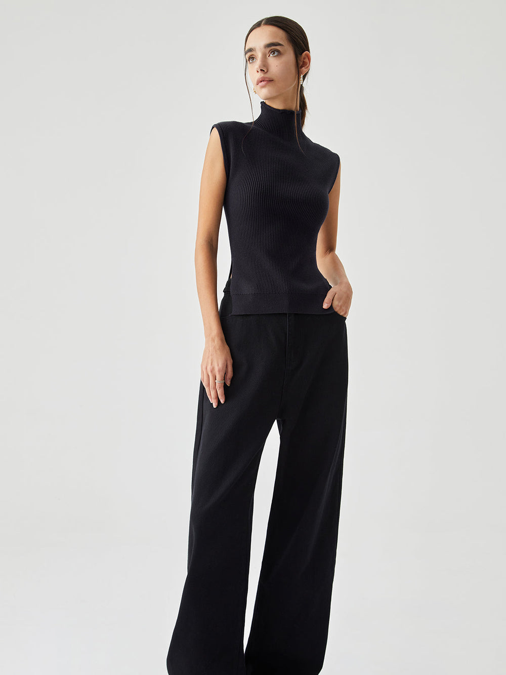 Sleeveless Mock Neck Trendy Slit Ribbed Knit Sweater Sweaters L