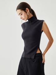 Sleeveless Mock Neck Trendy Slit Ribbed Knit Sweater Sweaters L