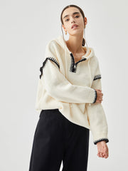 Zippered Hooded Graceful Contrast Trim Sweater Sweaters L