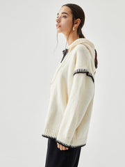 Zippered Hooded Graceful Contrast Trim Sweater Sweaters L