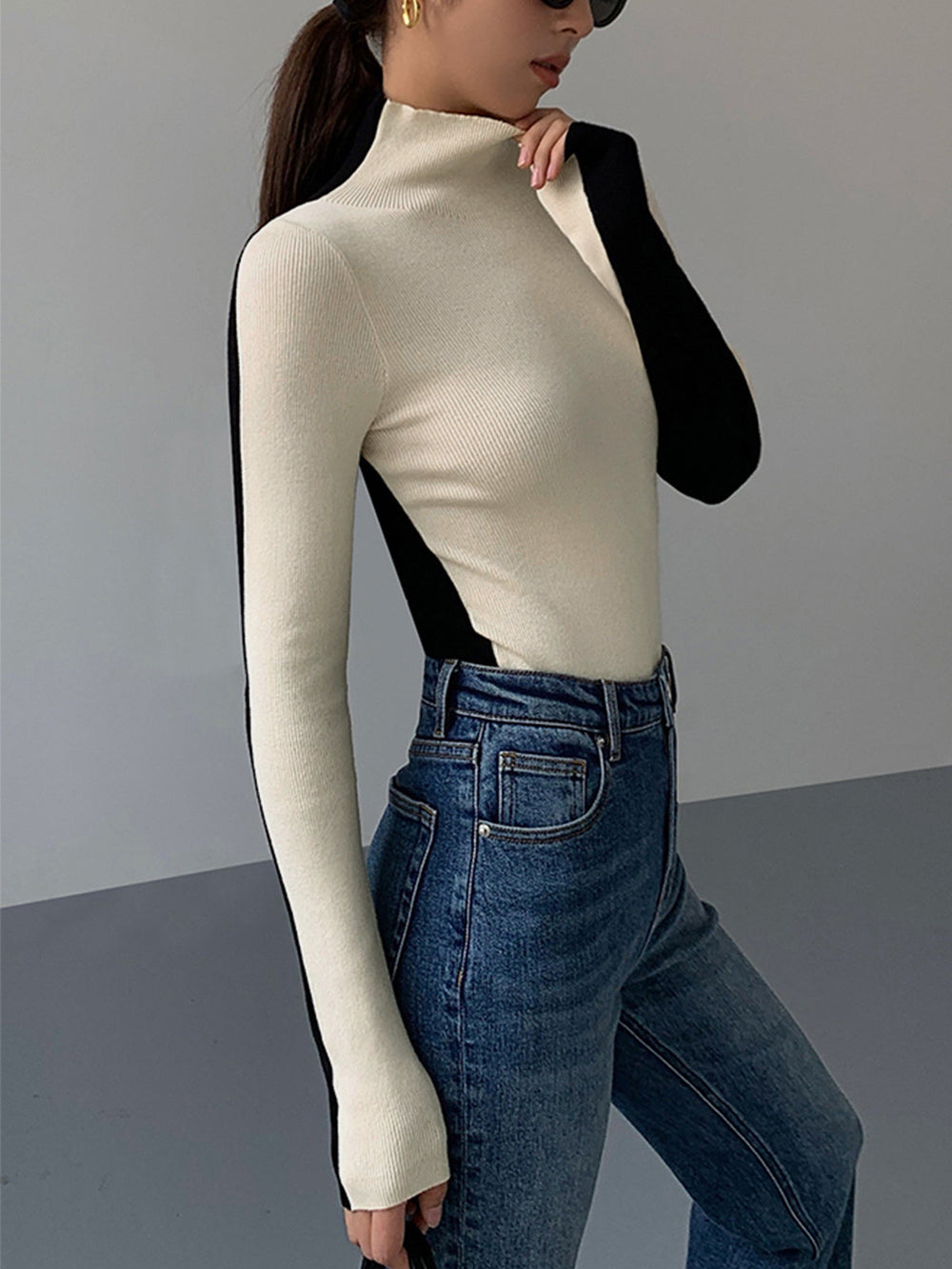 Two Tone Double Sided Modern Long Sleeve Knit Top Sweaters L