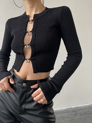 Cutout Split Beads Trendy Detail Ribbed Knit Top Black / XS Sweaters L