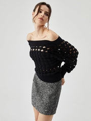 Crocheted Circle Hollow Trendy Off Shoulder Blouse Blouses