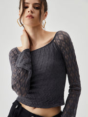 Semi sheer Boat Neck Trendy Mesh Crop Top T Shirts